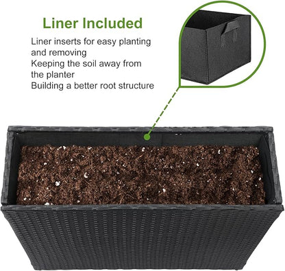 LEWIS&WAYNE Tall Planters for Outdoor Wicker Large Rectangular Block Box | All-Weather, Handmade PE Rattan, Removable Liner, Indoor Outdoor, Patio Porch Garden, Modern Design