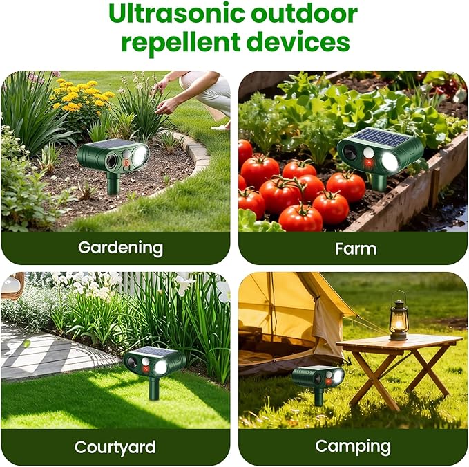 2026 Upgraded Ultrasonic Solar Animal Repellent Outdoor, Cat Repellent Outdoor, Deer Repellent Devices Waterproof with Motion-Activated Deterrent, Repels Squirrel, Deer, Raccoon for Yard, 4 Packs