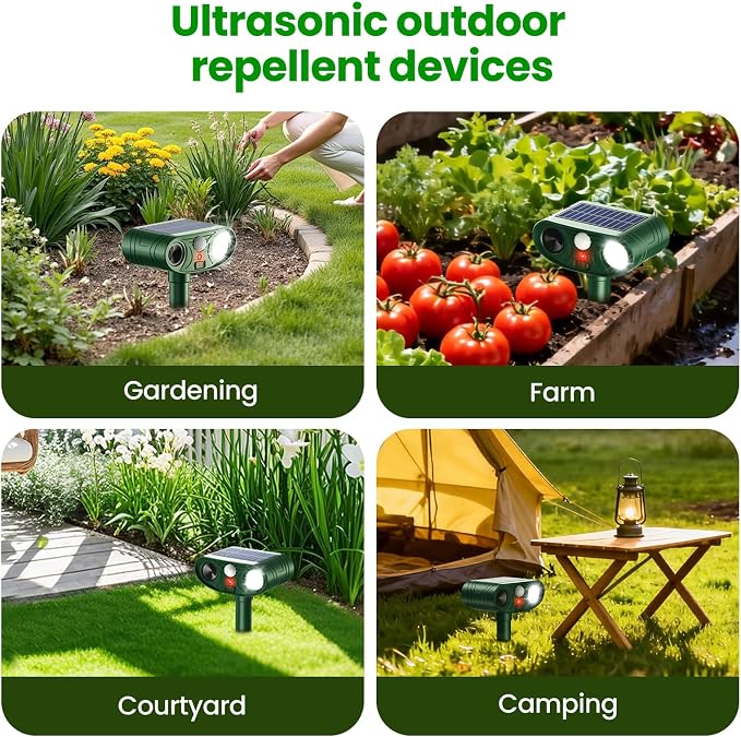 2026 Upgraded Ultrasonic Solar Animal Repellent Outdoor, Deer Repellent Devices Squirrel Cat Raccoon Rabbit Dog Deterrent with Motion Sensor Flash Light for Yard Garden Lawn