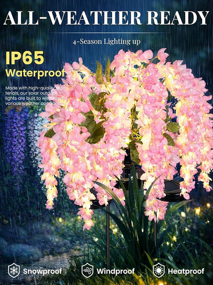 GIGALUMI Solar Lights Outdoor for Garden Decor, 3 Pack Solar Flower Lights Waterproof, 2 Lighting Modes Wisteria for Pathway,Yard, Patio Decoration, Gardening Gifts for Women (Pink)