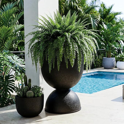 KOL Planters Flower Pots, Large Plastic Urn Planters for Indoor Outdoor Plants, Black Pedestal Planter Pots, 23 Inch Tall Decorative Planters with Drainage Holes & Plugs for Patio Garden, 1 Pack