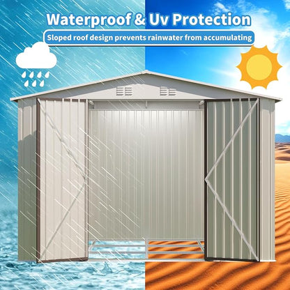 YOPTO 10x8 FT Outdoor Storage Shed with Foundation,Metal Aluminum Tool Sheds,Heavy-Duty Sheds with Sloped Roof, Air Vent and Hinge Doors,Garden Shed Bike Shed for Backyard Patio Lawn,Cream White