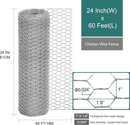 Chicken Wire Fencing, 24 Inch x 60 Feet Chicken Wire Mesh Roll for Garden Plants, 1 Inch Mesh Hexagonal Galvanized Metal Poultry Wire Netting for Chicken Coop Rabbit Dogs Barrier