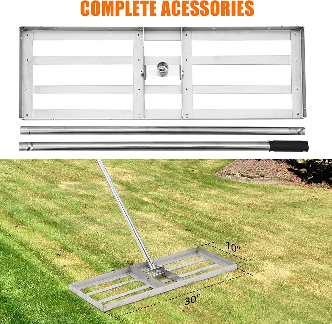 Lawn Leveling Rake, Heavy-Duty Lawn Leveler Tool, Stainless Steel/36"×10" Ground Plate/6FT Extra Long Handle/180° Flexible Rotation, Landscape Rake for Backyard, Garden, Farm, Golf Course, Pasture