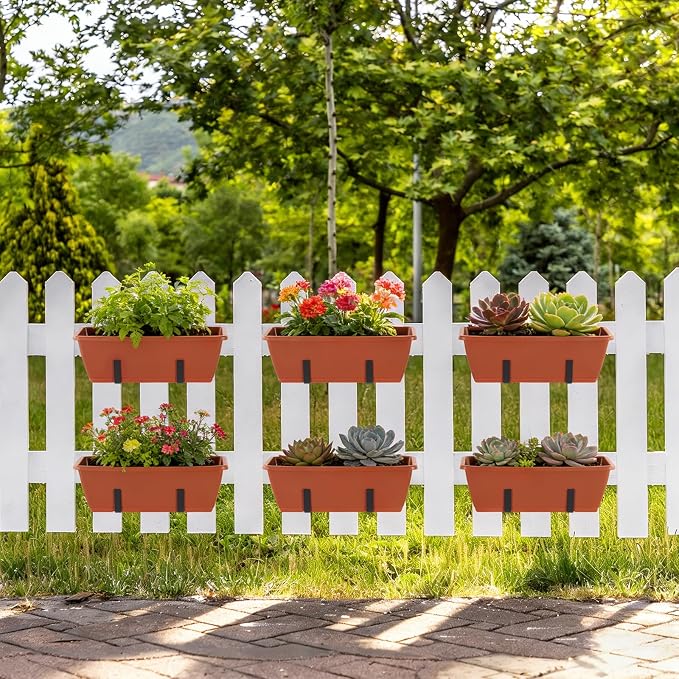 OYEAL Deck Railing Planter Box 4 Pack Window Boxes Planters with Adjustable Brackets 17 Inch Rectangular Hanging Flower Pots Outdoor for Garden Fence Balcony Porch Patio Decor, Red & Black