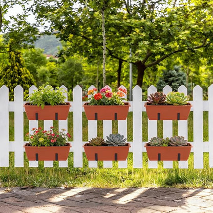 OYEAL Deck Railing Planter Box 4 Pack Window Boxes Planters with Adjustable Brackets 17 Inch Rectangular Hanging Flower Pots Outdoor for Garden Fence Balcony Porch Patio Decor, Red & Black