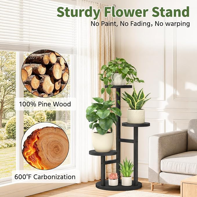 LASZOLA 3 Tiered Wood Plant Stand Indoor Corner, Flower Holder Rack Tall for Multiple Plants, Rustic Planter Shelf Display for Patio Garden Balcony Living Room, Black