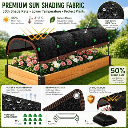 Garden Shade Cloth Kit 10x10FT, 50% Sunblock Garden Shade for Plants with 6 Sets Garden Hoops & Clips, UV Resistant Raised Bed Shade Cover for Outdoor Plants, Vegetables & Greenhouse