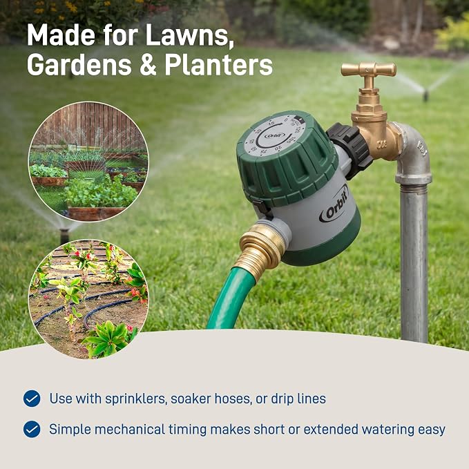 Orbit Mechanical Water Timer - Adjustable Irrigation Shutoff for Lawn & Garden Watering - Battery-Free Clockwork Hose Faucet Timer with Easy Grip Dial & Manual Bypass - 62034