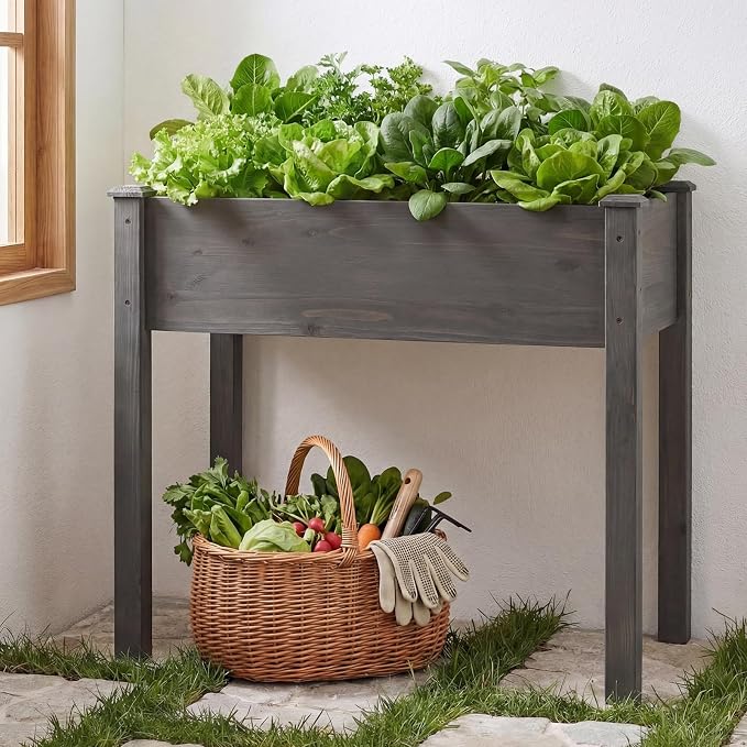 DUMOS Raised Garden Bed 34x18x30 Inch, Outdoor Planter Box with Legs, Elevated Wood Garden Bed with Liner for Herbs Flowers Vegetables, Wooden Planter Box for Patio, Balcony, Backyard, Grey