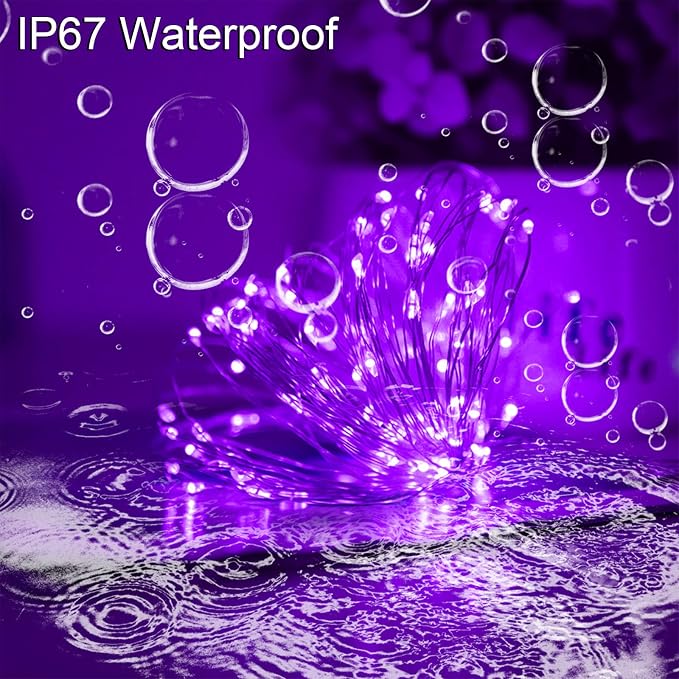 Solar Christmas Halloween String Lights Purple Outdoor Waterproof 2Pack Total 200Led 8 Modes Copper String Lights Fairy Lights for Valentine's Day Garden, Patio, Fence, Balcony, Outdoors