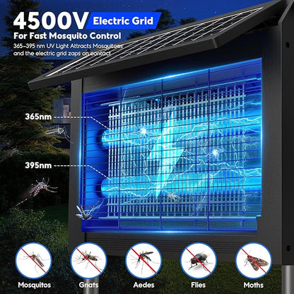 Solar Bug Zapper Outdoor, 4500V Mosquito Zapper with Dual Solar Panels | Auto On/Off, IPX5 Waterproof Mosquito Killer For Backyard, Patio, Garden, Camping And Up To 1/2 Acre Coverage