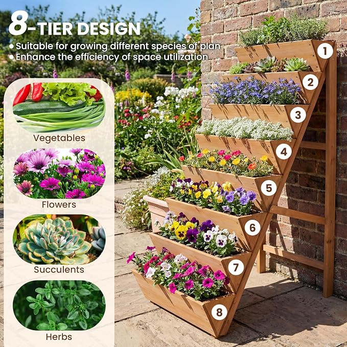 HAPPYGRILL Vertical Raised Garden Bed, Freestanding Wood Elevated Planter Box w/Legs for Growing Vegetables Flowers Herbs, Indoor Outdoor Tiered Plant Stand for Patio Yard Balcony Corner (1,8-Tier)