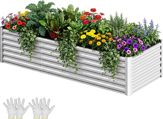YITAHOME 8x4x2ft Galvanized Raised Garden Bed, Metal Planter Box with Safety Rubber, Gloves, Outdoor Flower Bed for Planting Plants Vegetables, Silver