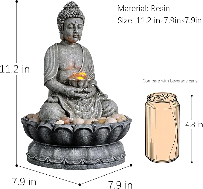 GOSSI 11.2 Inch Tall Indoor Tabletop Buddha Fountain with Reflective Lighting and Cobblestone Base, Zen Desk Water Fountain for Office and Home Decor