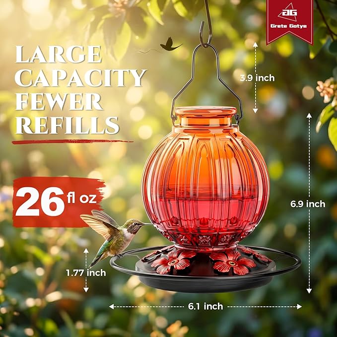 Glass Hummingbird Feeder for Outdoors Hanging, 26Oz Bird Nectar Feeder with Perch & 5 Flower Feeding Ports, Leak Proof for Outside Garden Decor Backyard, Gifts for Women Mom, Orange & Red