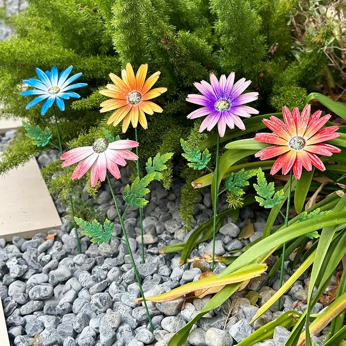 Metal Flowers for Outside, 4 Pack Decorative Garden Stakes with Spring Design, 16.5 Inch Handmade Iron Outdoor Metal Garden Decor, Flickering Daisy Yard Art for Patio Lawn