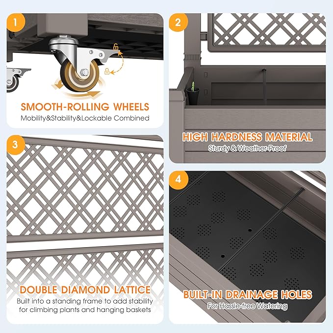 Resin Raised Garden Bed with Trellis and Wheels - Plasitc Planter Box with Trellis Outdoor with Drainage Holes & Water Monitor for Climbing Plants, Flower, Medium Gray(61.2" H)