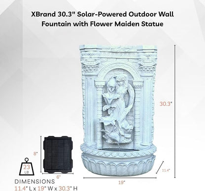 XBrand 30.3" Solar-Powered Outdoor Wall Fountain with Flower Maiden Statue, Antique Stone Waterfall Design for Garden, Yard Décor & Bird Bath, Polyresin