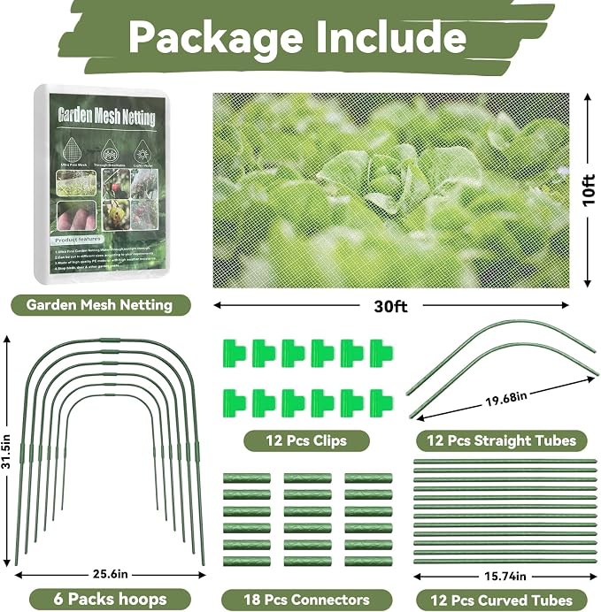 Garden Mesh Netting Kit for Raised Beds, 10 * 30FT Ultra Fine Plant Netting Covers with 6 Pcs Wide Garden Hoops & 12 Clips, Row Cover Net Protect Greenhouse Fruit Vegetable Flowers from Birds Bugs