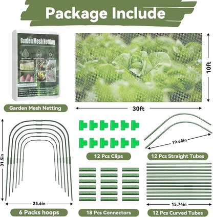 Garden Mesh Netting Kit for Raised Beds, 10 * 30FT Ultra Fine Plant Netting Covers with 6 Pcs Wide Garden Hoops & 12 Clips, Row Cover Net Protect Greenhouse Fruit Vegetable Flowers from Birds Bugs