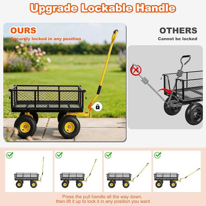 DIAMONDFORGE 900lbs Heavy Duty Garden Cart, Steel Garden Wagon Cart with Fixedable Rotating Handle for Backyard, Utility Yard Wagon with 10" All Terrain Tires, Mesh Removable Sides
