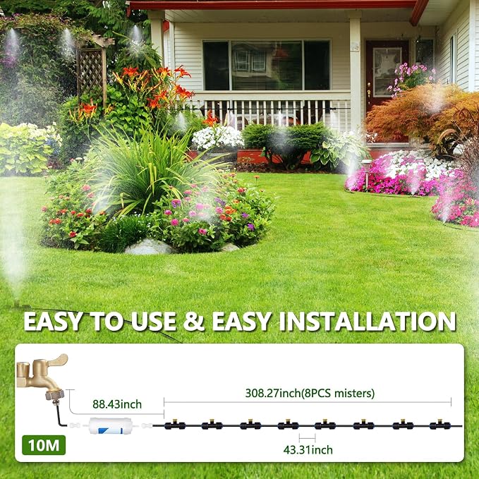 Misters for Outside Patio with Water Filter - 33Ft(10M) Misting system Line 9 Brass Mist Nozzles Brass Adapter(3/4") Patio Misters for Cooling Outdoor Greenhouse Backyard Porch Garden BBQ Party Pool