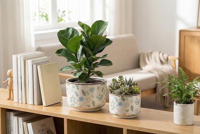 Ice Crack Plant Pots with Drainage, 6 & 7 inch Ceramic Planters for Indoor Outdoor Plants, Set of 2 Vintage Flower Pots, Rustic Tuscan Decor for Gardening, Kitchen Bedroom, Blue & Beige