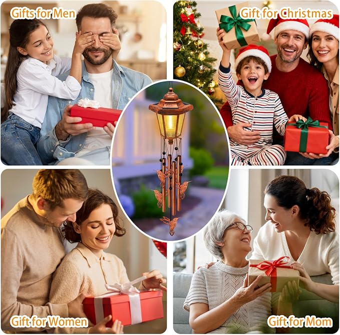 Large Solar Hummingbird Wind Chimes, Gifts for Women Mom Grandma Wife Sister Daughter Neighbor, Classic Bronze Wind Chimes with Wind Catcher, Solar Decor Lights for Outdoor Garden Patio Porch Window