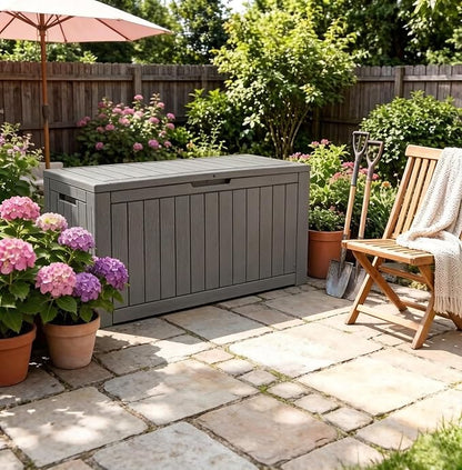 Outdoor Storage Box, 120 Gallon Resin Deck Boxes Outdoor Waterproof For Patio Furniture, Garden Tools, Pool Supplies, Lockable And UV Resistant (Striped Gray)