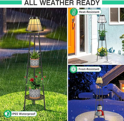 2 Pack Solar Floor Lamps Outdoor with 2-Tier Plant Stand, Metal Tall Planter Holder with Waterproof LED Lantern, Decorative Patio Light & Flower Pot Display Rack for Garden, Deck, Porch, Balcony