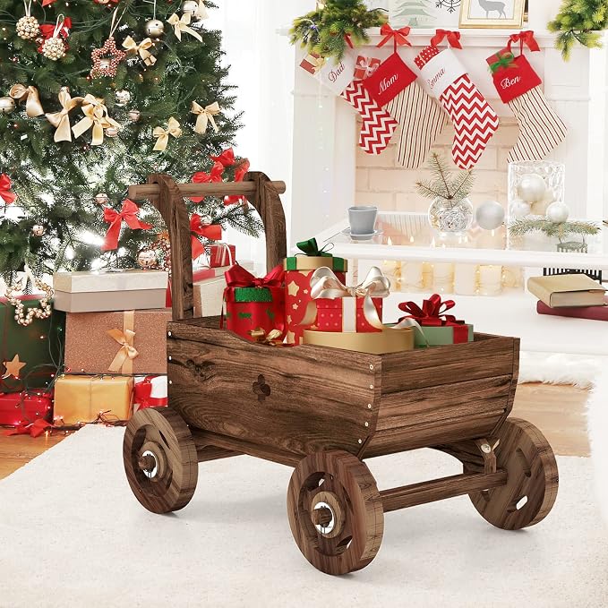 S AFSTAR Wooden Wagon Planter Box, Mobile Garden Planter with 4 Wheels, Handle, Drain Hole, Decorative Plant Wagon for Indoor & Outdoor Decor, Decorative Flower Cart for Patio, Garden, Balcony, Brown