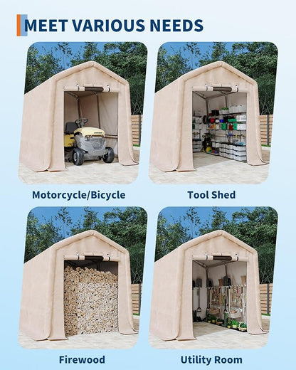 GarveeLife Outdoor Portable Storage Shed with Roll-Up Door & Vent, 240G Heavy-Duty Shelter Waterproof PE Tarp, UV-Resistant Storage Sheds for Motorcycle, Firewood, Garden and Tools (Khaki, 7'x10')