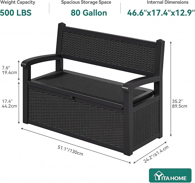 YITAHOME 80 Gallon Storage Bench Deck Box, Lockable Patio Bench with Hidden Storage, Waterproof Outdoor Pool Deck Storage for Patio Cushions, Garden Tools and Pool Supplies, Black