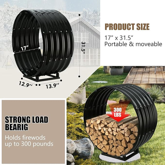 Round Heavy Duty Firewood Rack – Galvanized Wave-Shaped Steel with 4 Sturdy Legs – 0.8mm Thick Black Coated – Indoor or Outdoor Wood Holder for Fireplace,Patio & Deck Fire Pit (2.7FT Diameter+Base)