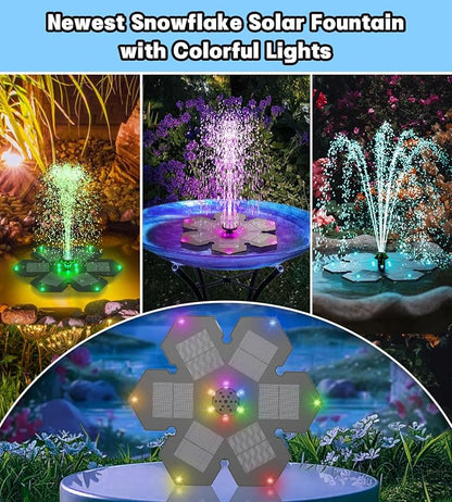 SZMP Solar Fountain Upgraded, 3.5W Snowflake Double Layer Colorful Lights, 2000mAh Battery 4 Fixes & 7 Nozzles, Solar Bird Bath Fountain for Garden Patio Pond Outdoor Décor