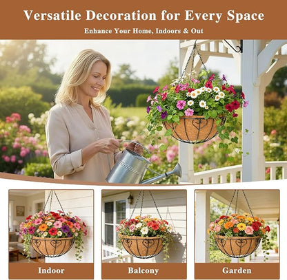 4 Pack Hanging Planter for Outdoor Plants 16 inch Metal Hanging Flower Basket with Coco Coir Liner Round Wire Plant Holder Chain Flower Pots Outdoor Garden Decoration Watering Hanging Baskets（AX）