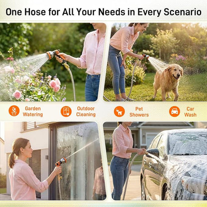 Garden Hose, 25ft 5/8" Stainless Steel Water Hose w/ 10-Mode Spray Nozzle, On/Off Valve, 523 PSI Burst, Anti-Kink, Lightweight All-Weather Flexible, Leakproof 3/4" Brass Male to Female Fittings