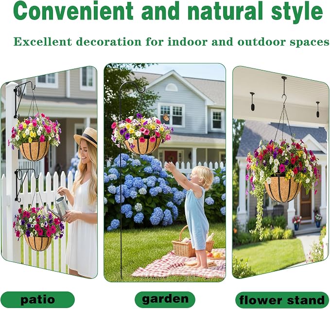 2 Pack 12 Inch Hanging Planters for Outdoor Plants Metal Hanging Planter Basket with Coco Coir Liner Round Plant Black Flat Iron Metal Flower Pots for Deck Patio Porch Garden Balcony