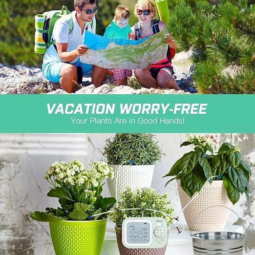 Automatic Plant Waterer Indoor Self Watering System for 15 Potted Plants, Auto Drip Irrigation Kit Programmable Water Timer with Smart Humidity Detection, Green