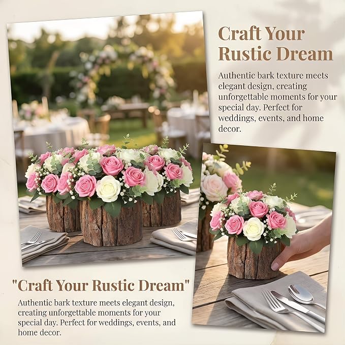 Wooden Vase for Centerpieces, 6 Pack Wood Flower Vase Rustic Tree Stump Planter Pots, Wooden Bark Flower Bucket for Wedding Farmhouse Christmas Table Decor, Round Bark Stump Pots - 3.6x3.6x3 inch