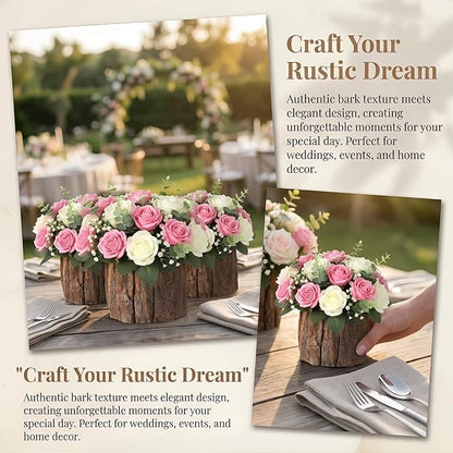 Wooden Vase for Centerpieces, 6 Pack Wood Flower Vase Rustic Tree Stump Planter Pots, Wooden Bark Flower Bucket for Wedding Farmhouse Christmas Table Decor, Round Bark Stump Pots - 3.6x3.6x3 inch