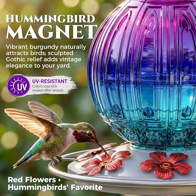 Glass Hummingbird Feeder for Outdoors Hanging, 26Oz Bird Nectar Feeder with Perch & 5 Flower Feeding Ports, Leak Proof for Outside Garden Decor Backyard, Gifts for Women Mom, Purple & Blue
