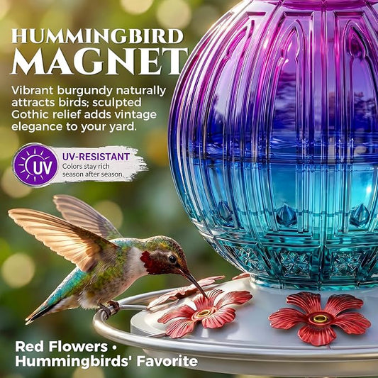 Glass Hummingbird Feeder for Outdoors Hanging, 26Oz Bird Nectar Feeder with Perch & 5 Flower Feeding Ports, Leak Proof for Outside Garden Decor Backyard, Gifts for Women Mom, Purple & Blue