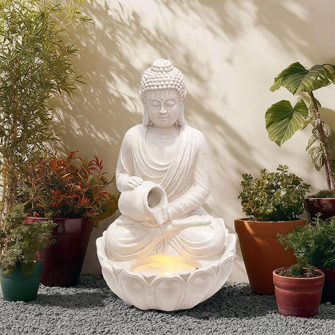 G-LEAF Zen Style Meditating Buddha Statue Water Fountain Outdoor 31'' Tall Patio Garden Water Fountain with LED Light and Submersible Pump Yard Art Decor