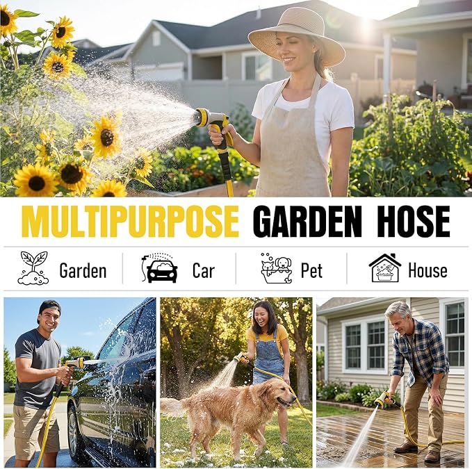 Garden Hose 35 ft x 5/8" with Nozzle, Water Hose Heavy Duty Flexible, Lightweight Kink-less Hybrid Hose with Swivel Handle, Male to Female Fittings