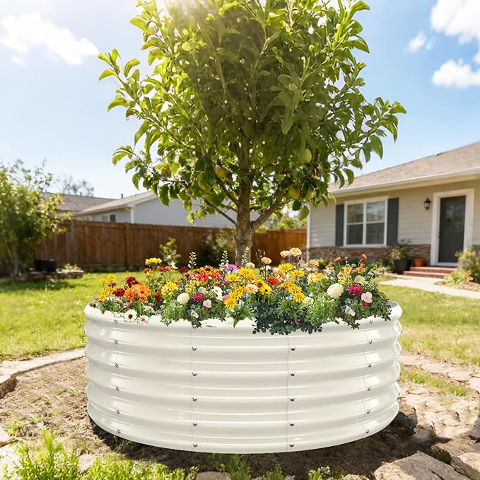 YSEJOMP 17" Tall 48" Diameter Round Raised Garden Bed Kits Outdoor White | Heavy Duty,Rustproof,Durable & Stylish,1.5 FT Tall,4FT Planter Bed,0.8MM Thick Galvanized Metal Painted,with Gloves,Tool free