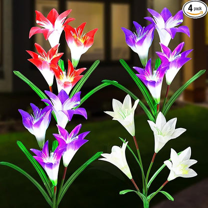 GIGALUMI Solar Outdoor Flower Lights, 4 Pack Waterproof Solar Garden Light, Color-Changing Outdoor Light, Solar Lily Flower, Unique Gifts for Dear Mother(2 Purple, 1 Red, 1 White)
