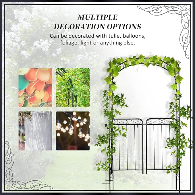 Outsunny 84" Garden Arch Arbor with Gate, Metal Arch Trellis, Garden Archway for Climbing Vines, Wedding Ceremony Decoration, Flourishes & Arrow Tips, Black