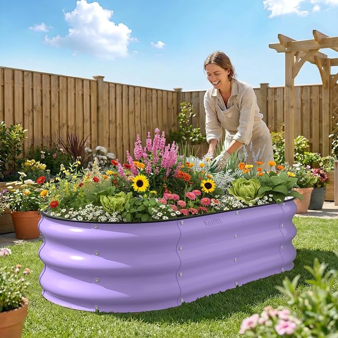 Kesfitt Raised Garden Bed, 4x2x1 FT Galvanized Steel Metal Raised Garden Bed, Oval Open-Bottom Design, 12-Inch Deep for Outdoor Vegetable & Herb Gardening, Lavender Purple